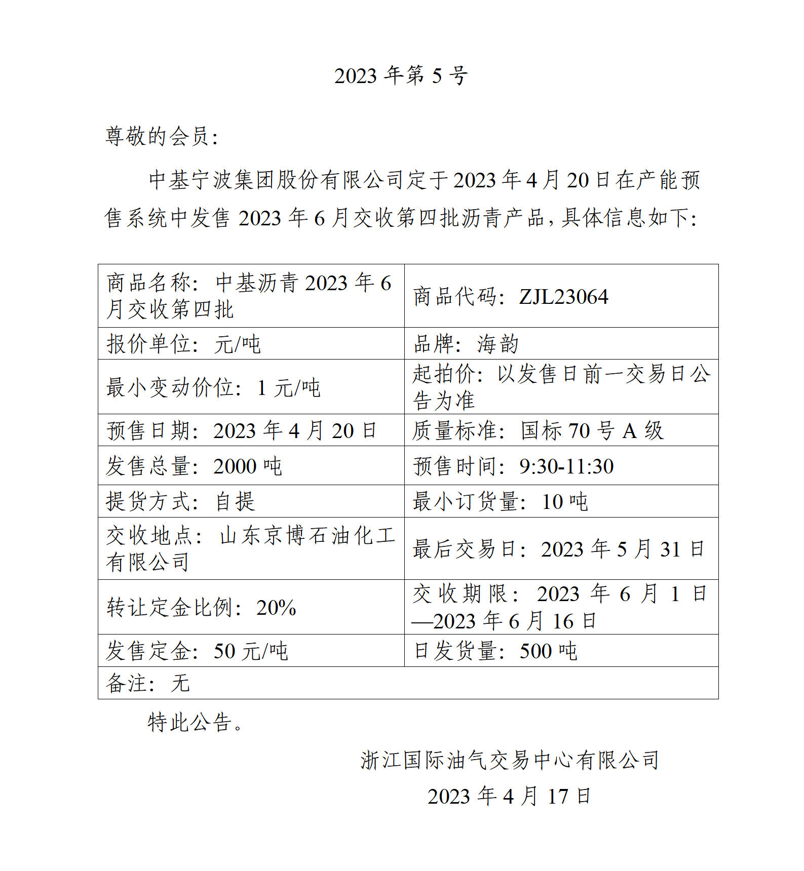 關于中基寧波集團股份有限公司預售2023年6月交收第四批瀝青產品的公告_01.png