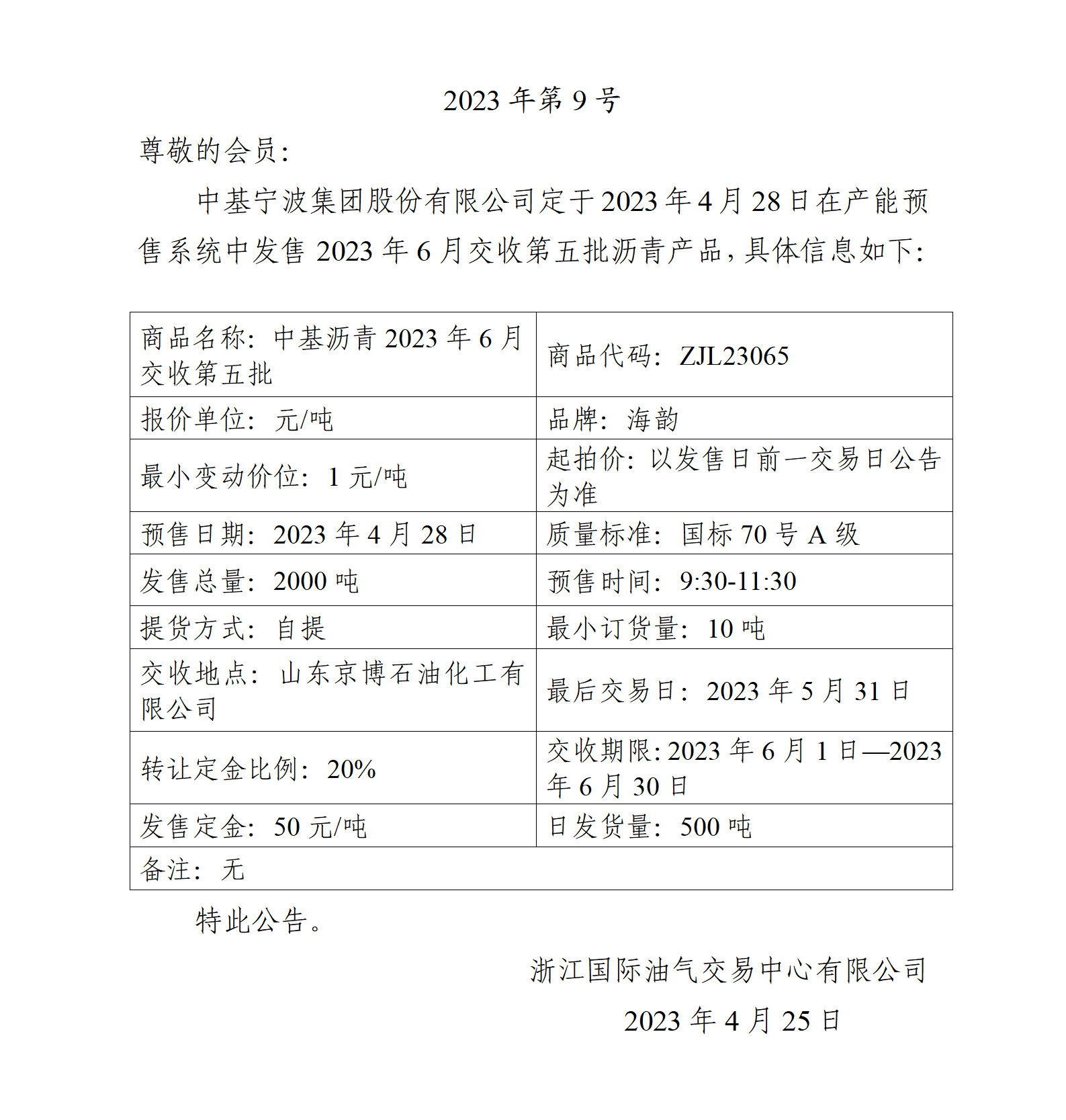 關(guān)于中基寧波集團(tuán)股份有限公司預(yù)售2023年6月交收第五批瀝青產(chǎn)品的公告_01.png