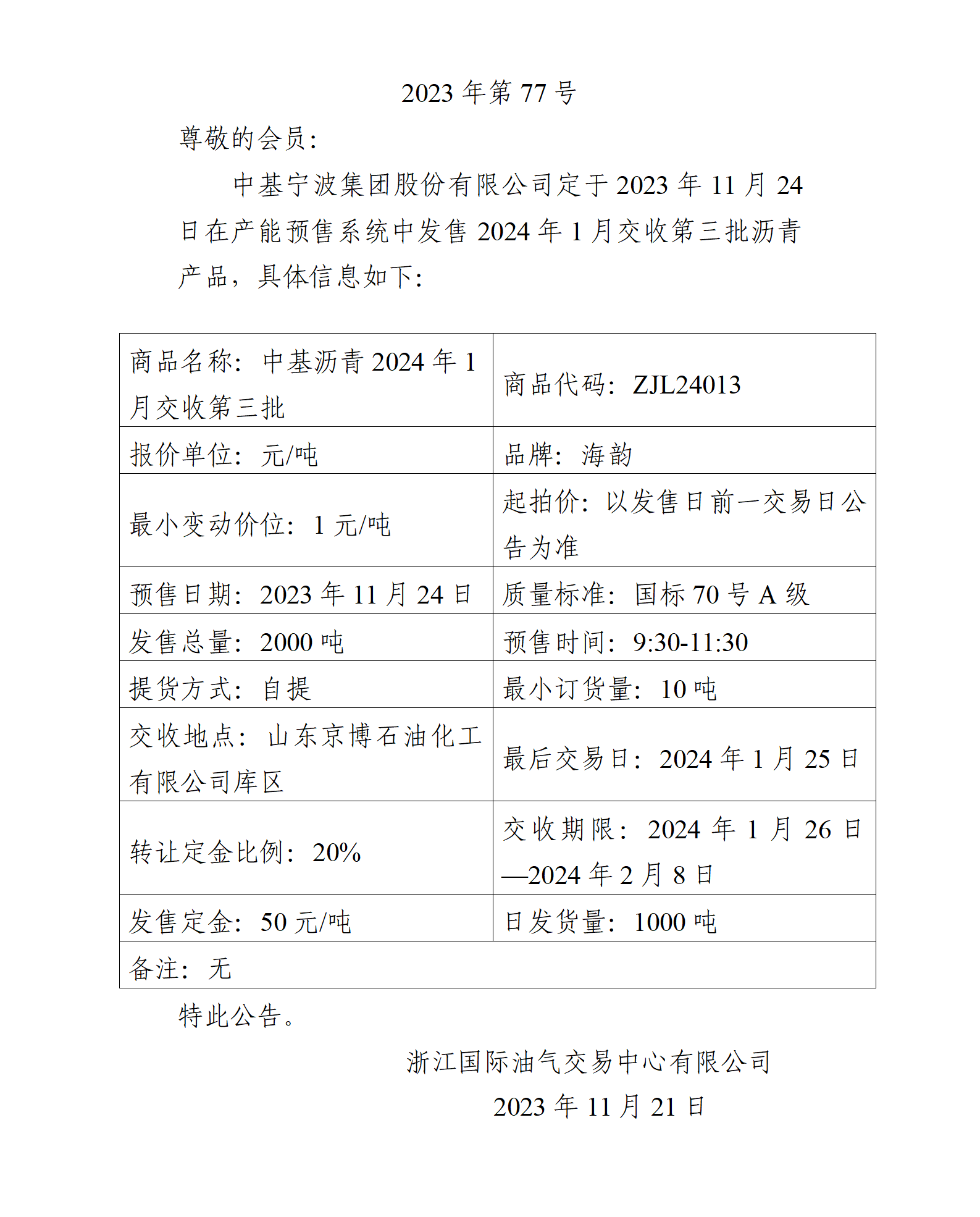 關于中基寧波集團股份有限公司預售2024年1月交收第三批瀝青產(chǎn)品的公告_01.png