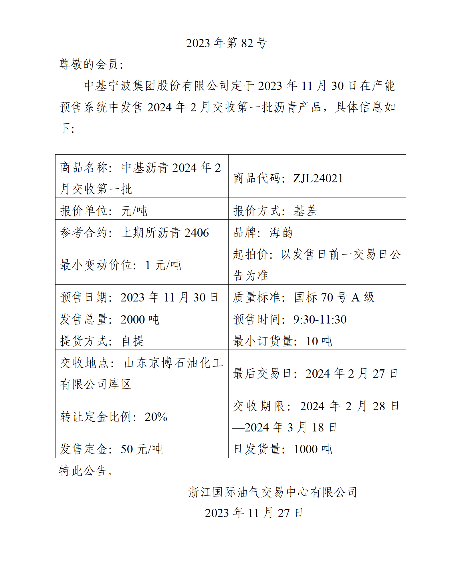 關于中基寧波集團股份有限公司預售2024年2月交收第一批瀝青產(chǎn)品的公告_01.png