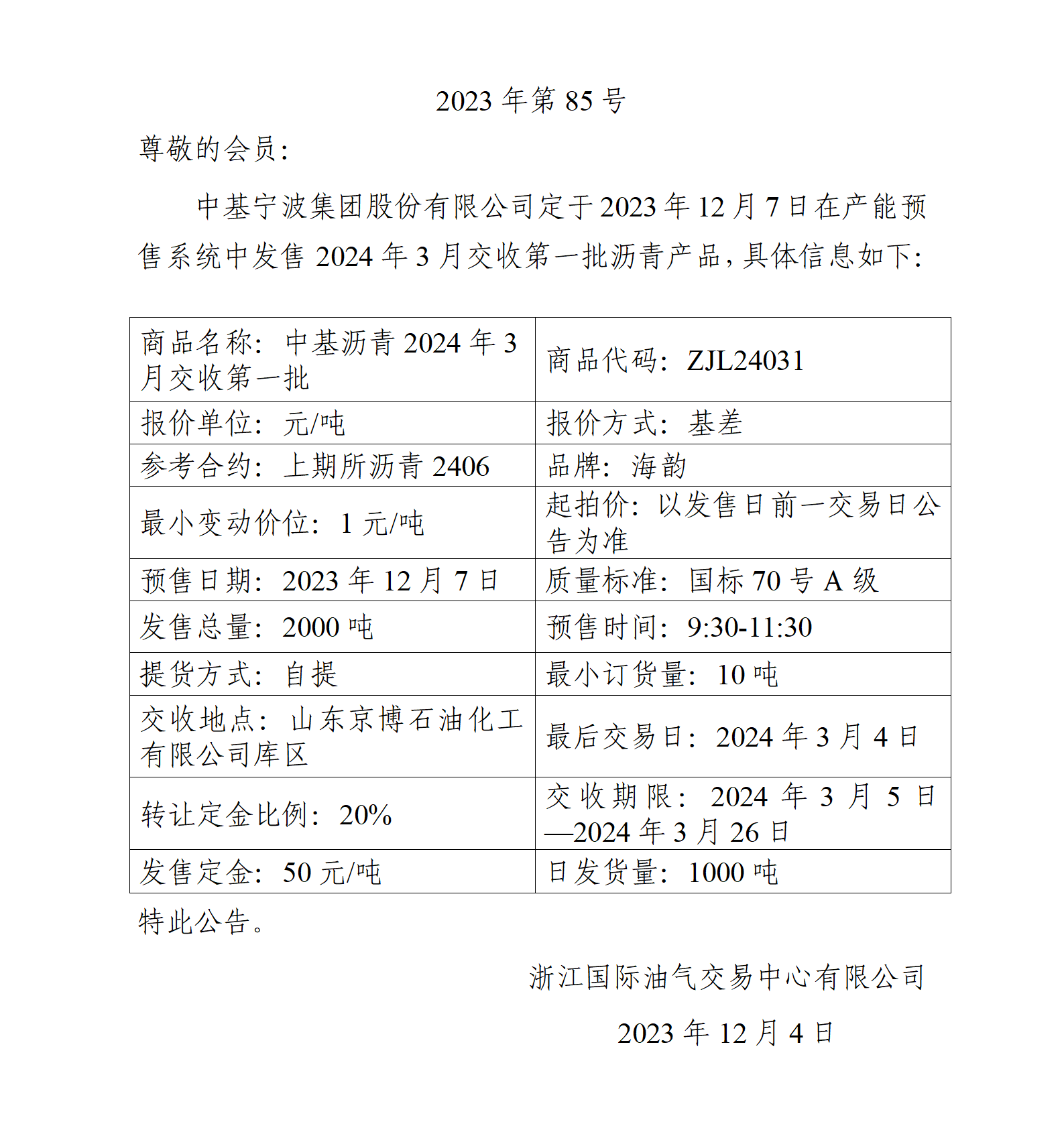 關于中基寧波集團股份有限公司預售2024年3月交收第一批瀝青產(chǎn)品的公告_01(2).png