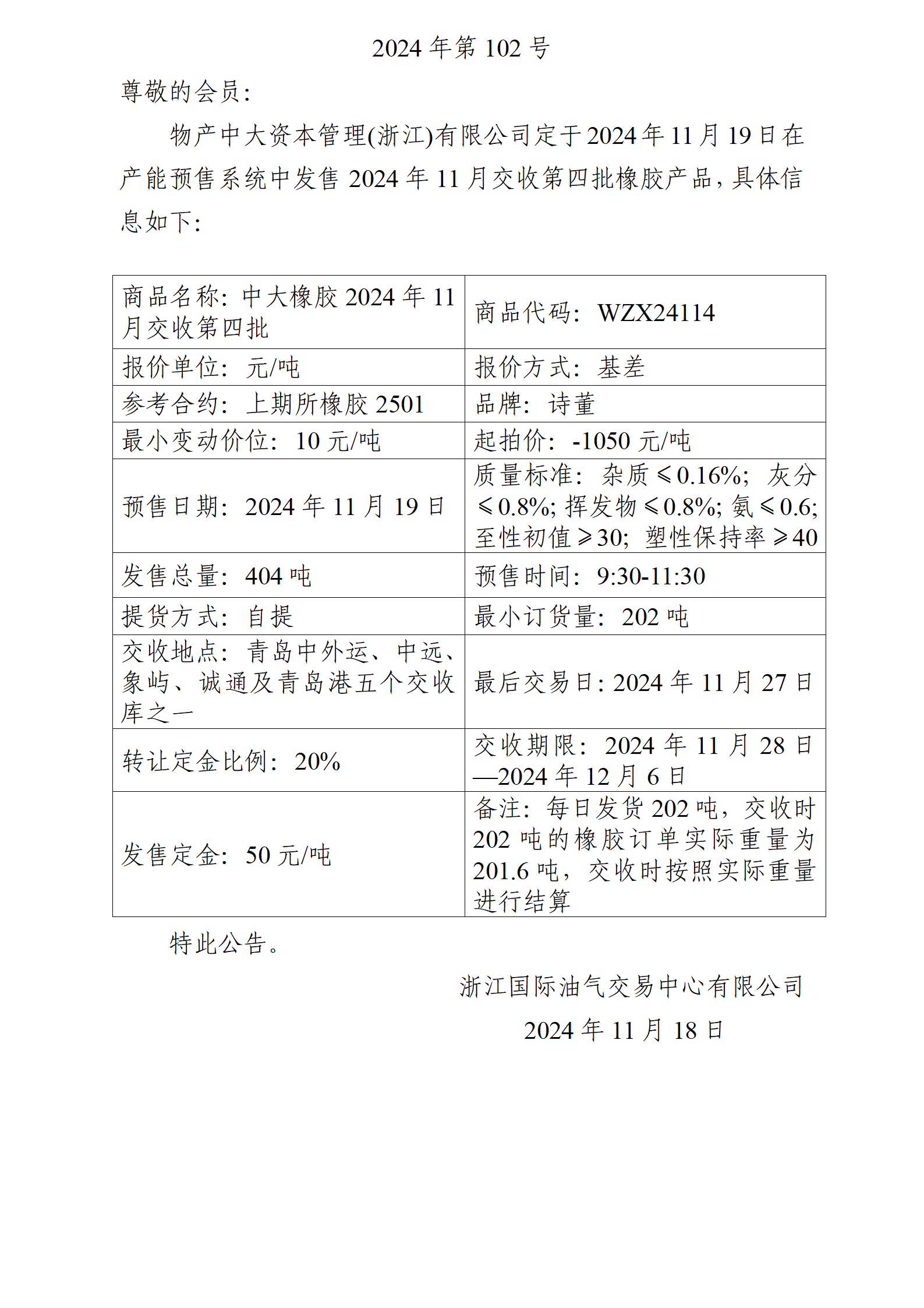 關(guān)于物產(chǎn)中大資本管理(浙江)有限公司預(yù)售2024年11月交收第四批橡膠產(chǎn)品的公告_01.png